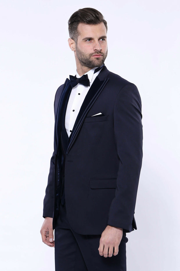 Velvet Collar Patterned Dark Blue Tuxedo 3 Piece Suits, 3-piece-suit, 34, 36, 38, 40, 42, 44, 46, 48, Blue, Modern Fit, Navy, navy-blue, Party, Slim Fit, Suit, Wedding Suit3 Piece Suits - wes