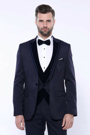 Velvet Collar Patterned Dark Blue Tuxedo 3 Piece Suits, 3-piece-suit, 34, 36, 38, 40, 42, 44, 46, 48, Blue, Modern Fit, Navy, navy-blue, Party, Slim Fit, Suit, Wedding Suit3 Piece Suits - wes