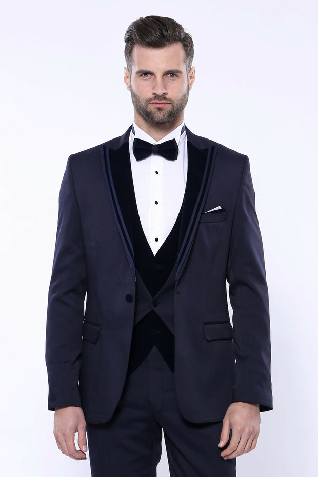 Velvet Collar Patterned Dark Blue Tuxedo 3 Piece Suits, 3-piece-suit, 34, 36, 38, 40, 42, 44, 46, 48, Blue, Modern Fit, Navy, navy-blue, Party, Slim Fit, Suit, Wedding Suit3 Piece Suits - wes