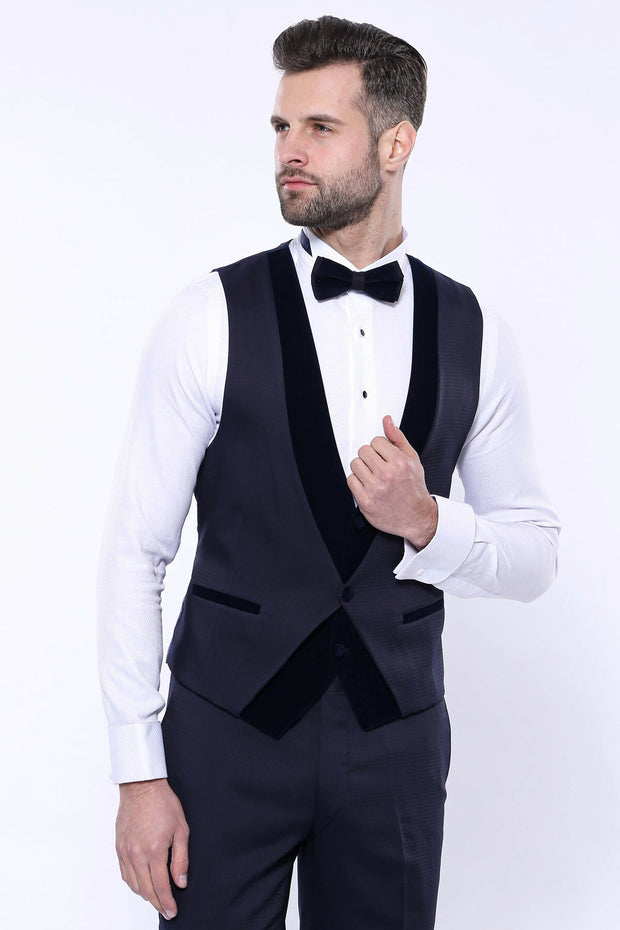 Velvet Collar Patterned Dark Blue Tuxedo 3 Piece Suits, 3-piece-suit, 34, 36, 38, 40, 42, 44, 46, 48, Blue, Modern Fit, Navy, navy-blue, Party, Slim Fit, Suit, Wedding Suit3 Piece Suits - wes