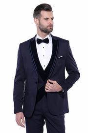 Velvet Collar Patterned Dark Blue Tuxedo 3 Piece Suits, 3-piece-suit, 34, 36, 38, 40, 42, 44, 46, 48, Blue, Modern Fit, Navy, navy-blue, Party, Slim Fit, Suit, Wedding Suit3 Piece Suits - wes