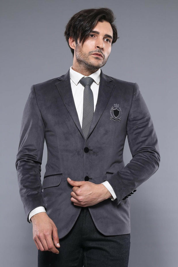 Velvet Grey Blazer | Wessi $30 - $50, 3-piece-suit, 36, 38, 40, 6 Drop, Casual, Daily, Embroidered, Grey, Italian, Men's Blazers, Modern Fit, Notch, Party, Slim Fit, Slim Fit Blazers, Velvet 