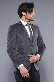 Velvet Grey Blazer | Wessi $30 - $50, 3-piece-suit, 36, 38, 40, 6 Drop, Casual, Daily, Embroidered, Grey, Italian, Men's Blazers, Modern Fit, Notch, Party, Slim Fit, Slim Fit Blazers, Velvet 