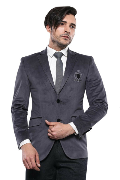 Velvet Grey Blazer | Wessi $30 - $50, 3-piece-suit, 36, 38, 40, 6 Drop, Casual, Daily, Embroidered, Grey, Italian, Men's Blazers, Modern Fit, Notch, Party, Slim Fit, Slim Fit Blazers, Velvet 