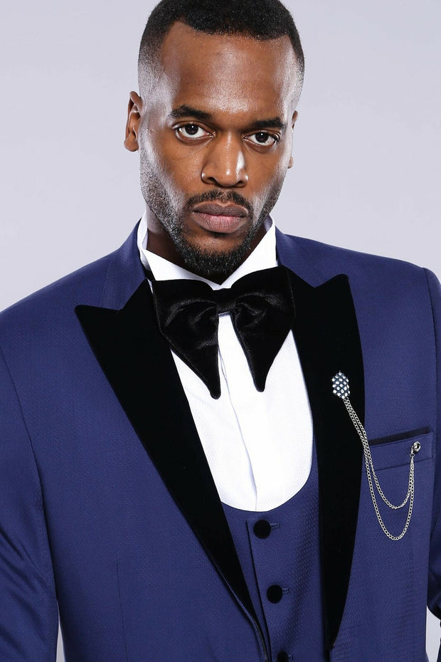 Velvet Lapel Blue Tuxedo Suit 3 Piece Suits, 3-piece-suit, 32, 34, 36, 38, 40, 42, 44, 46, 48, 50, 52, mens-suit_obsolete, Modern Fit, Party, Peak, Peak Lapel, Slim Fit, Suit, Wedding Suit3 P