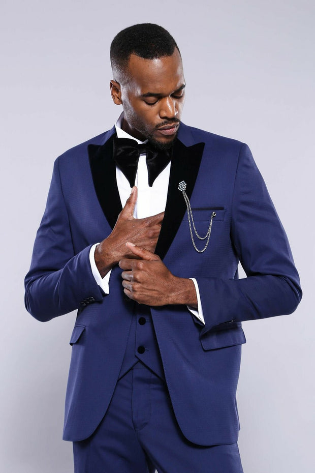 Velvet Lapel Blue Tuxedo Suit 3 Piece Suits, 3-piece-suit, 32, 34, 36, 38, 40, 42, 44, 46, 48, 50, 52, mens-suit_obsolete, Modern Fit, Party, Peak, Peak Lapel, Slim Fit, Suit, Wedding Suit3 P