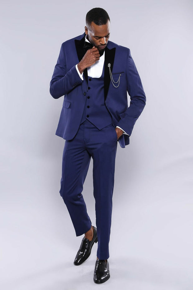 Velvet Lapel Blue Tuxedo Suit 3 Piece Suits, 3-piece-suit, 32, 34, 36, 38, 40, 42, 44, 46, 48, 50, 52, mens-suit_obsolete, Modern Fit, Party, Peak, Peak Lapel, Slim Fit, Suit, Wedding Suit3 P