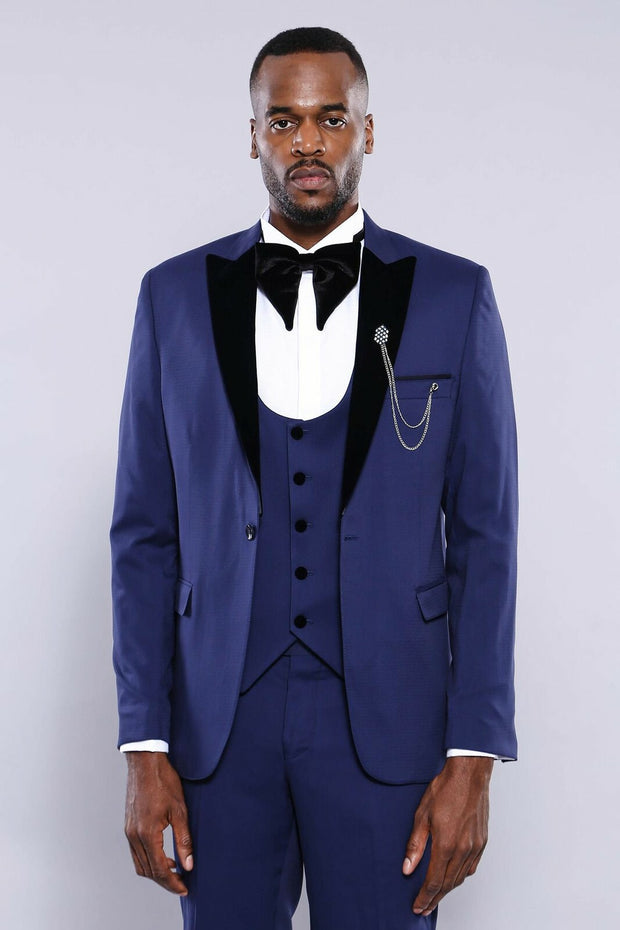 Velvet Lapel Blue Tuxedo Suit 3 Piece Suits, 3-piece-suit, 32, 34, 36, 38, 40, 42, 44, 46, 48, 50, 52, mens-suit_obsolete, Modern Fit, Party, Peak, Peak Lapel, Slim Fit, Suit, Wedding Suit3 P