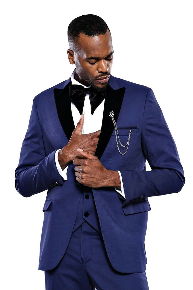 Velvet Lapel Blue Tuxedo Suit 3 Piece Suits, 3-piece-suit, 32, 34, 36, 38, 40, 42, 44, 46, 48, 50, 52, mens-suit_obsolete, Modern Fit, Party, Peak, Peak Lapel, Slim Fit, Suit, Wedding Suit3 P