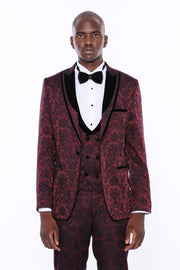 Velvet Lapel Floral Burgundy Tuxedo 3-piece-suit, 34, 36, 38, 40, 42, 44, 46, 48, Modern Fit, Party, Peak, Peak Lapel, Slim Fit, Slim Fit Suit, Suit, Wedding SuitSlim Fit Suit - wessi