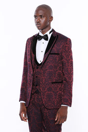 Velvet Lapel Floral Burgundy Tuxedo 3-piece-suit, 34, 36, 38, 40, 42, 44, 46, 48, Modern Fit, Party, Peak, Peak Lapel, Slim Fit, Slim Fit Suit, Suit, Wedding SuitSlim Fit Suit - wessi