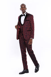 Velvet Lapel Floral Burgundy Tuxedo 3-piece-suit, 34, 36, 38, 40, 42, 44, 46, 48, Modern Fit, Party, Peak, Peak Lapel, Slim Fit, Slim Fit Suit, Suit, Wedding SuitSlim Fit Suit - wessi