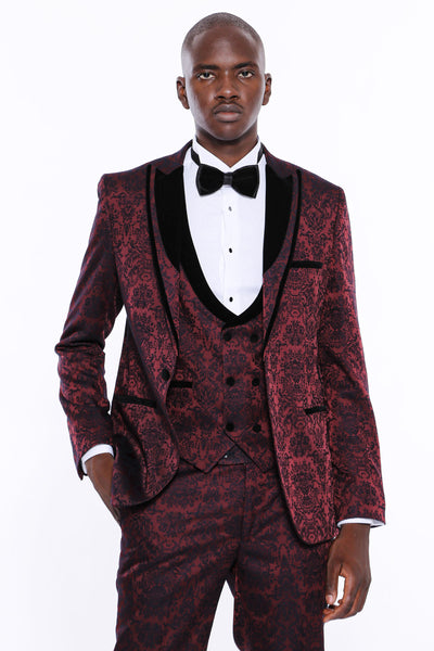 Velvet Lapel Floral Burgundy Tuxedo 3-piece-suit, 34, 36, 38, 40, 42, 44, 46, 48, Modern Fit, Party, Peak, Peak Lapel, Slim Fit, Slim Fit Suit, Suit, Wedding SuitSlim Fit Suit - wessi