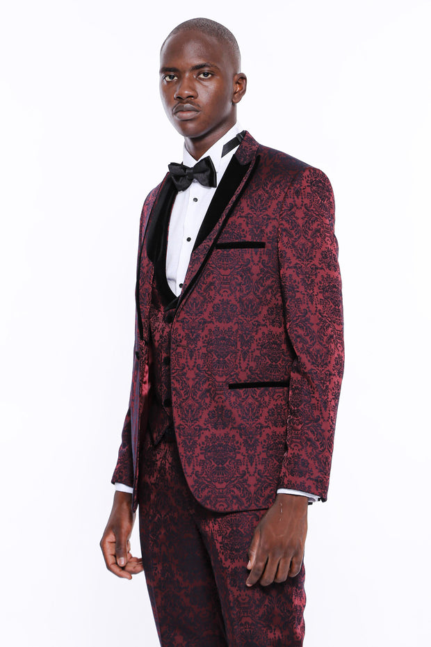 Velvet Lapel Floral Burgundy Tuxedo 3-piece-suit, 34, 36, 38, 40, 42, 44, 46, 48, Modern Fit, Party, Peak, Peak Lapel, Slim Fit, Slim Fit Suit, Suit, Wedding SuitSlim Fit Suit - wessi