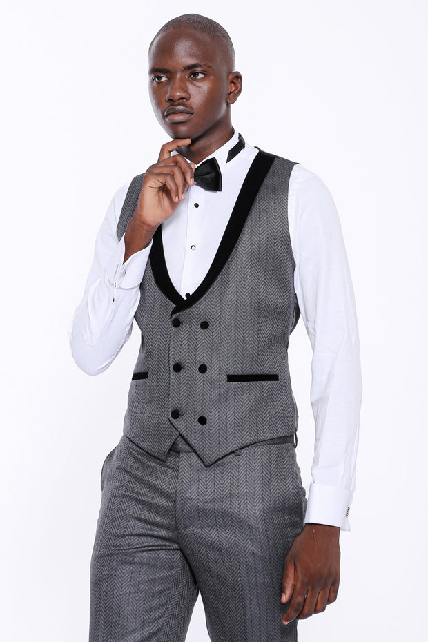 Velvet Lapel Patterned Grey Tuxedo $200 - $300, 3 Piece Tuxedo, 3-piece-suit, 34, 36, 38, 40, 42, 44, 46, 48, 6 Drop, Dark Grey, Detachable, Detachable Lapel, Double Breasted, Grey, Grey Suit