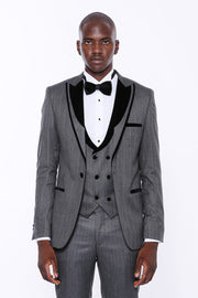 Velvet Lapel Patterned Grey Tuxedo $200 - $300, 3 Piece Tuxedo, 3-piece-suit, 34, 36, 38, 40, 42, 44, 46, 48, 6 Drop, Dark Grey, Detachable, Detachable Lapel, Double Breasted, Grey, Grey Suit