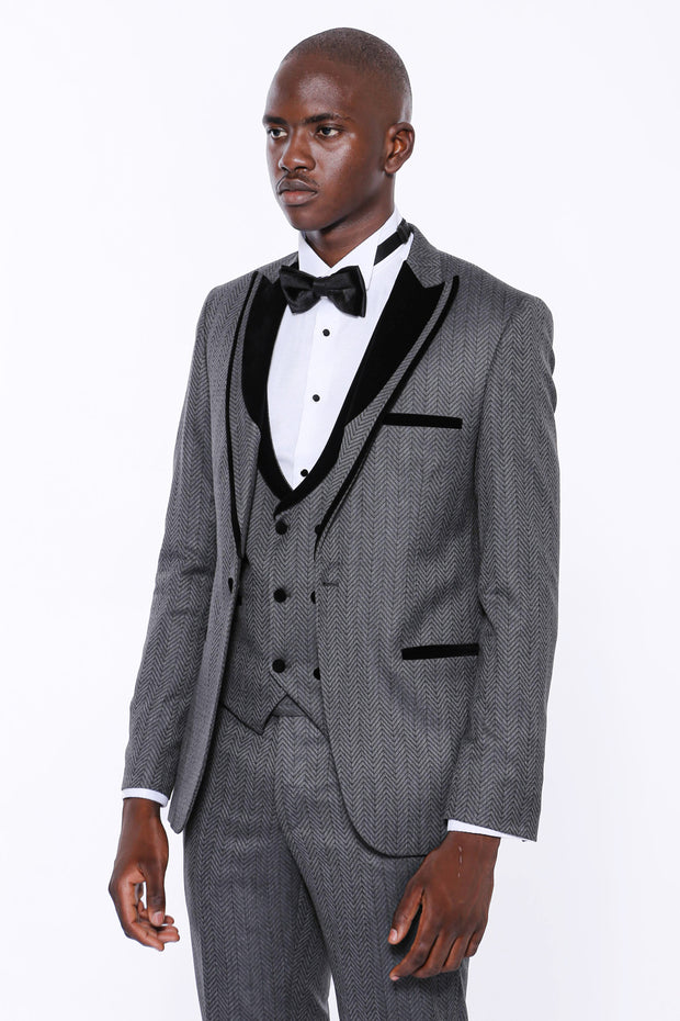 Velvet Lapel Patterned Grey Tuxedo $200 - $300, 3 Piece Tuxedo, 3-piece-suit, 34, 36, 38, 40, 42, 44, 46, 48, 6 Drop, Dark Grey, Detachable, Detachable Lapel, Double Breasted, Grey, Grey Suit