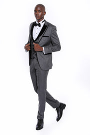 Velvet Lapel Patterned Grey Tuxedo $200 - $300, 3 Piece Tuxedo, 3-piece-suit, 34, 36, 38, 40, 42, 44, 46, 48, 6 Drop, Dark Grey, Detachable, Detachable Lapel, Double Breasted, Grey, Grey Suit