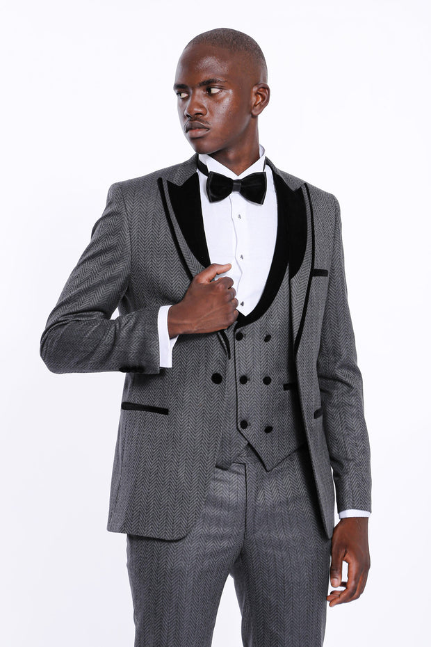 Velvet Lapel Patterned Grey Tuxedo $200 - $300, 3 Piece Tuxedo, 3-piece-suit, 34, 36, 38, 40, 42, 44, 46, 48, 6 Drop, Dark Grey, Detachable, Detachable Lapel, Double Breasted, Grey, Grey Suit