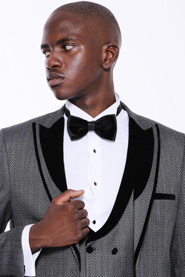 Velvet Lapel Patterned Grey Tuxedo $200 - $300, 3 Piece Tuxedo, 3-piece-suit, 34, 36, 38, 40, 42, 44, 46, 48, 6 Drop, Dark Grey, Detachable, Detachable Lapel, Double Breasted, Grey, Grey Suit