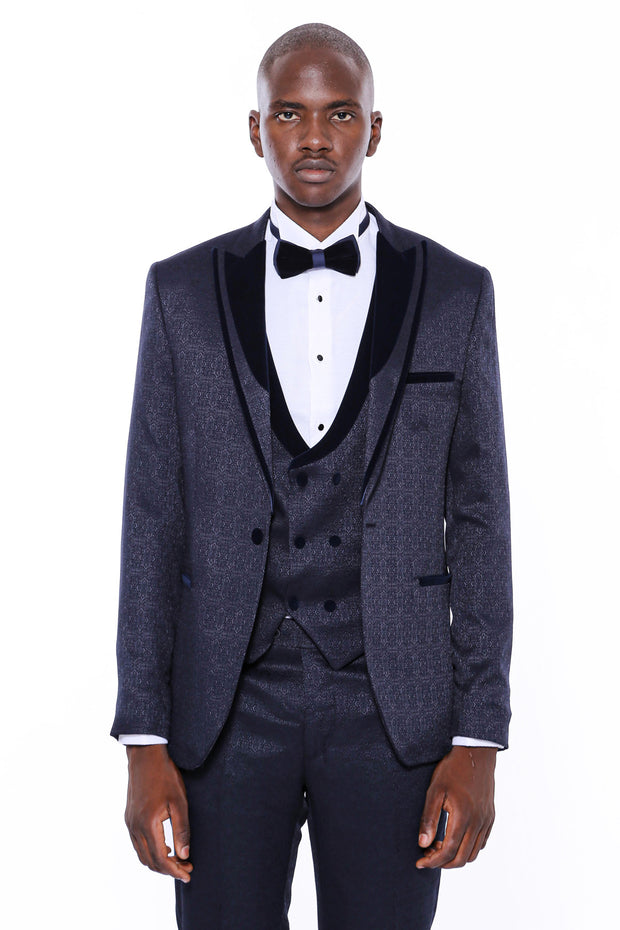 Velvet Lapel Patterned Navy Blue Tuxedo $200 - $300, 3-piece-suit, 34, 36, 38, 40, 42, 44, 46, 48, 6 Drop, Blue, Detachable, Detachable Lapel, Italian Suit, Modern Fit, Navy, Navy Blue, Navy 