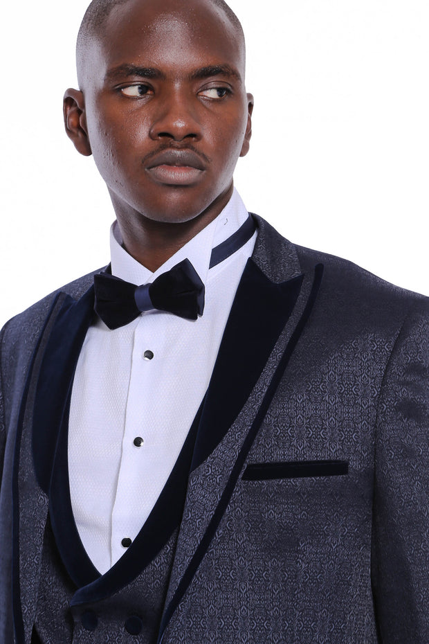 Velvet Lapel Patterned Navy Blue Tuxedo $200 - $300, 3-piece-suit, 34, 36, 38, 40, 42, 44, 46, 48, 6 Drop, Blue, Detachable, Detachable Lapel, Italian Suit, Modern Fit, Navy, Navy Blue, Navy 