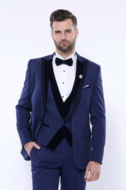 Velvet Collar Patterned Navy Tuxedo | Wessi 3 Piece Suits, 3-piece-suit, 34, 36, 38, 40, 44, 46, 48, Blue, Navy, Navy Blue, Party, Peak, Peak Lapel, Suit, Wedding Suit3 Piece Suits - wessi