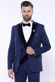 Velvet Collar Patterned Navy Tuxedo | Wessi 3 Piece Suits, 3-piece-suit, 34, 36, 38, 40, 44, 46, 48, Blue, Navy, Navy Blue, Party, Peak, Peak Lapel, Suit, Wedding Suit3 Piece Suits - wessi