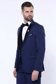 Velvet Collar Patterned Navy Tuxedo | Wessi 3 Piece Suits, 3-piece-suit, 34, 36, 38, 40, 44, 46, 48, Blue, Navy, Navy Blue, Party, Peak, Peak Lapel, Suit, Wedding Suit3 Piece Suits - wessi