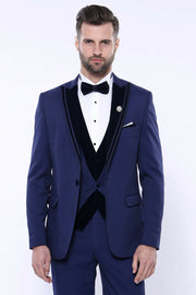 Velvet Collar Patterned Navy Tuxedo | Wessi 3 Piece Suits, 3-piece-suit, 34, 36, 38, 40, 44, 46, 48, Blue, Navy, Navy Blue, Party, Peak, Peak Lapel, Suit, Wedding Suit3 Piece Suits - wessi