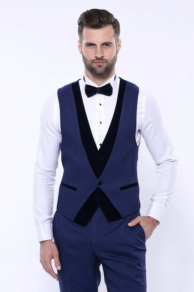 Velvet Collar Patterned Navy Tuxedo | Wessi 3 Piece Suits, 3-piece-suit, 34, 36, 38, 40, 44, 46, 48, Blue, Navy, Navy Blue, Party, Peak, Peak Lapel, Suit, Wedding Suit3 Piece Suits - wessi