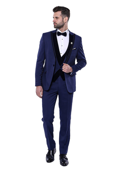 Velvet Collar Patterned Navy Tuxedo | Wessi 3 Piece Suits, 3-piece-suit, 34, 36, 38, 40, 44, 46, 48, Blue, Navy, Navy Blue, Party, Peak, Peak Lapel, Suit, Wedding Suit3 Piece Suits - wessi