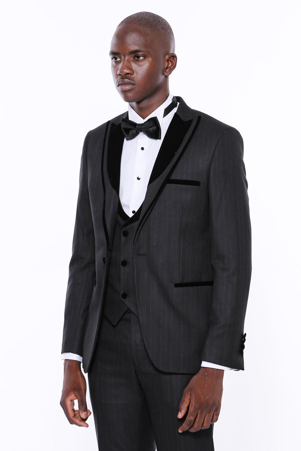 Velvet Lapel Striped Herringbone Black 3 Piece Tuxedo 3-piece-suit, 34, 36, 38, 40, 42, 44, 46, 48, mens-suit_obsolete, Modern Fit, Party, Peak, Peak Lapel, Slim Fit, Slim Fit Suit, Striped, 