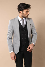 Vested Black Suit with Grey Jacket | Wessi 3-piece-suit, 34, 38, 40, Double Breasted, Grey, Grey Suit, mens-suit, mens-suit_obsolete, Peak, Peak Lapel, Suit OutletSuit - wessi