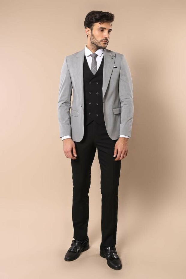 Vested Black Suit with Grey Jacket | Wessi 3-piece-suit, 34, 38, 40, Double Breasted, Grey, Grey Suit, mens-suit, mens-suit_obsolete, Peak, Peak Lapel, Suit OutletSuit - wessi