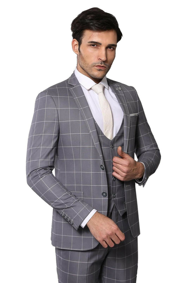 Vested Grey Plaid Suit | Wessi 3-piece-suit, 34, 40, 42, Modern Fit, Notch, Slim Fit, Slim Fit Suit, Suit SuitSlim Fit Suit - wessi