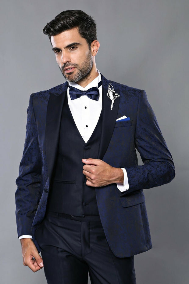 Vested Patterned Navy Blue Suit | Wessi 3 Piece Suits, 3-piece-suit, 34, 38, 40, 42, Blue, mens-suit_obsolete, Navy, Navy Blue, Party, Peak, Peak Lapel, Suit, Wedding Suit3 Piece Suits - wess