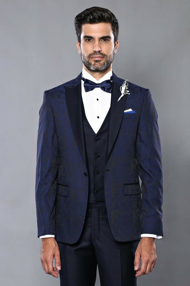 Vested Patterned Navy Blue Suit | Wessi 3 Piece Suits, 3-piece-suit, 34, 38, 40, 42, Blue, mens-suit_obsolete, Navy, Navy Blue, Party, Peak, Peak Lapel, Suit, Wedding Suit3 Piece Suits - wess