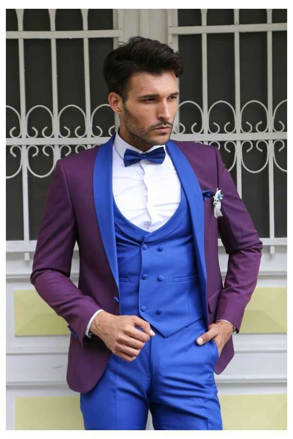 Vested Combined Burgundy-Blue Tuxedo 3 Piece Suits, 3-piece-suit, 34, 42, 48, 50, Party, Suit, Wedding OutletSuit - wessi