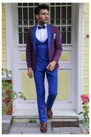 Vested Combined Burgundy-Blue Tuxedo 3 Piece Suits, 3-piece-suit, 34, 42, 48, 50, Party, Suit, Wedding OutletSuit - wessi