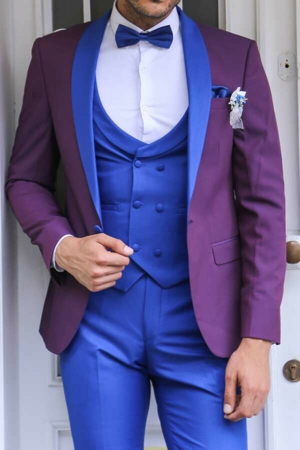 Vested Combined Burgundy-Blue Tuxedo 3 Piece Suits, 3-piece-suit, 34, 42, 48, 50, Party, Suit, Wedding OutletSuit - wessi