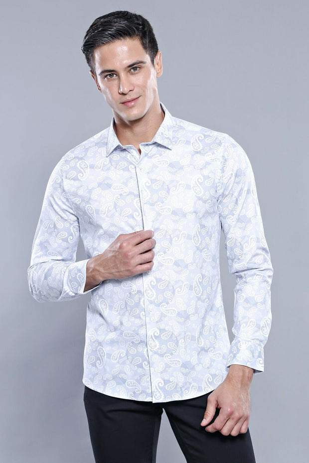 White Patterned Slimfit Blue Shirt 3-piece-suit, Casual, Daily, Floral, Floral Shirt, Italian, Modern Fit, Patterned, Shirt, Slim Fit, Sport ShirtFloral Shirt - wessi