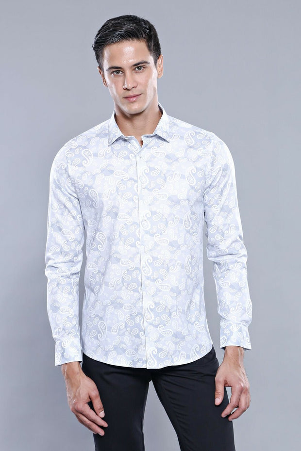 White Patterned Slimfit Blue Shirt 3-piece-suit, Casual, Daily, Floral, Floral Shirt, Italian, Modern Fit, Patterned, Shirt, Slim Fit, Sport ShirtFloral Shirt - wessi