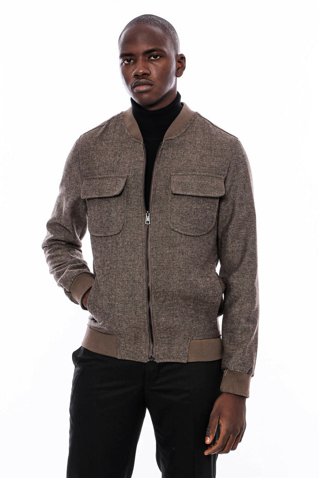 Zippered Brown Bomber Coat $50 - $100, 36, 38, 40, 42, 44, 46, 48, Bomber Jacket, Brown, Checked, Modern Fit, Outwear, Plaid, Slim Fit, Zippered OutwearBomber Jacket - wessi