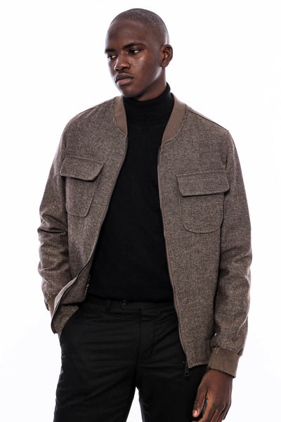 Zippered Brown Bomber Coat $50 - $100, 36, 38, 40, 42, 44, 46, 48, Bomber Jacket, Brown, Checked, Modern Fit, Outwear, Plaid, Slim Fit, Zippered OutwearBomber Jacket - wessi