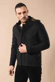 Zippered Sleeve Hooded Black Coat 3-piece-suit, 36, 38, 40, 42, 44, 46, Black, Coat, Kaban, Modern Fit, Outwear, Slim Fit, Zippered OutwearCoatKaban - wessi