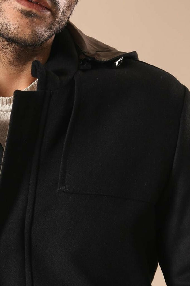 Zippered Sleeve Hooded Black Coat 3-piece-suit, 36, 38, 40, 42, 44, 46, Black, Coat, Kaban, Modern Fit, Outwear, Slim Fit, Zippered OutwearCoatKaban - wessi