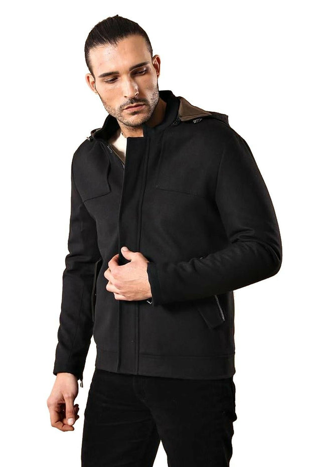 Zippered Sleeve Hooded Black Coat 3-piece-suit, 36, 38, 40, 42, 44, 46, Black, Coat, Kaban, Modern Fit, Outwear, Slim Fit, Zippered OutwearCoatKaban - wessi