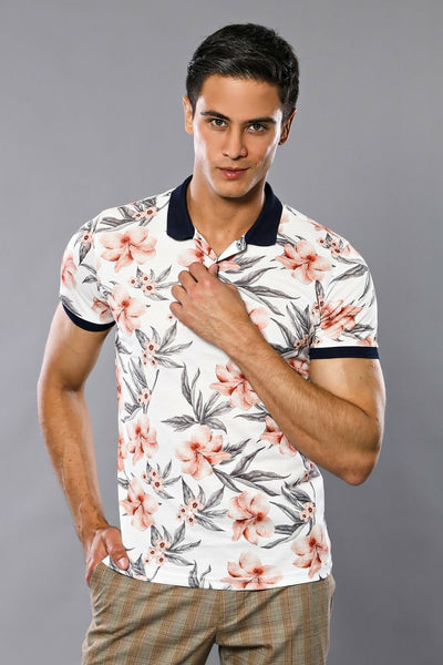 Floral Patterned Ecru Polo T-Shirt 3-piece-suit, Daily, Floral, Knit, L, M, Modern Fit, Patterned, Polo, Polo T-Shirt, S, Slim Fit, T-Shirt, XL OutletT-shirt - wessi