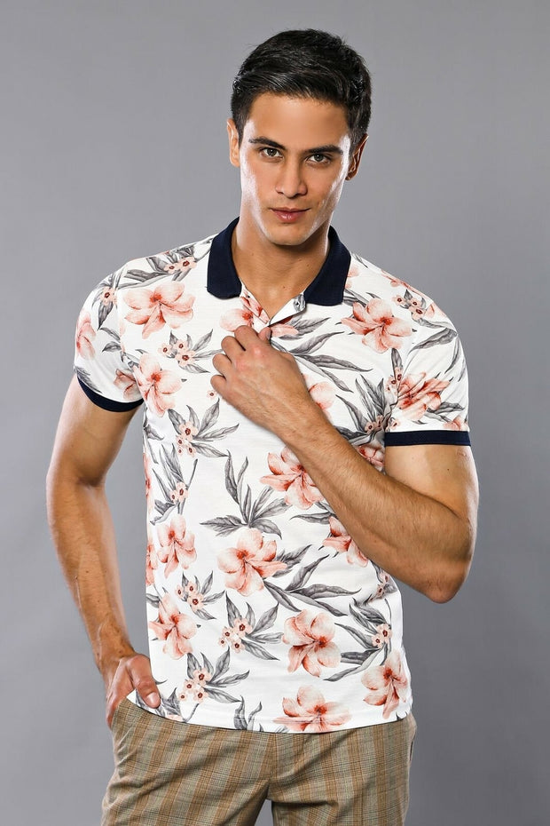 Floral Patterned Ecru Polo T-Shirt 3-piece-suit, Daily, Floral, Knit, L, M, Modern Fit, Patterned, Polo, Polo T-Shirt, S, Slim Fit, T-Shirt, XL OutletT-shirt - wessi